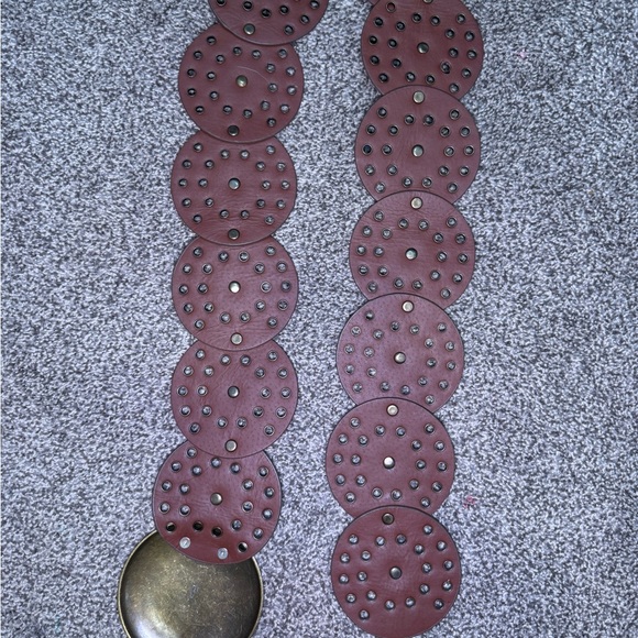 Round Studded Brown Leather Belt with Antique Brass Medallions - Picture 6 of 8